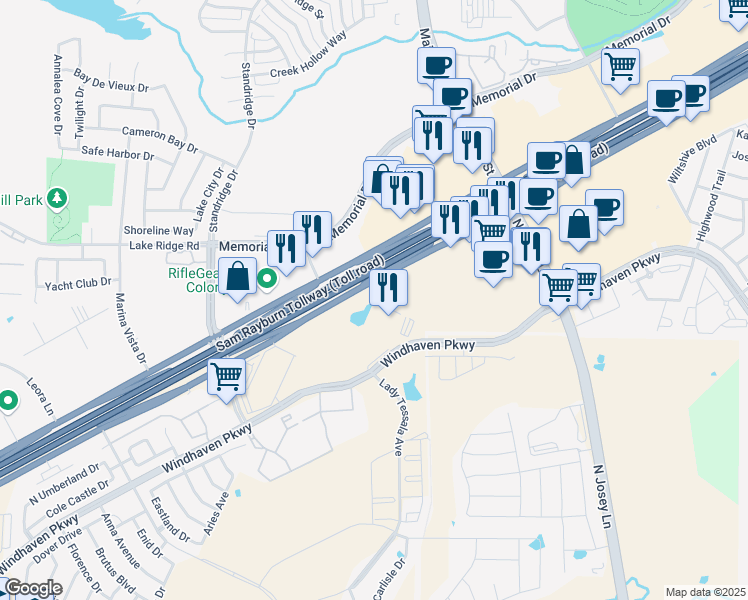 map of restaurants, bars, coffee shops, grocery stores, and more near 4400 Texas 121 in Lewisville