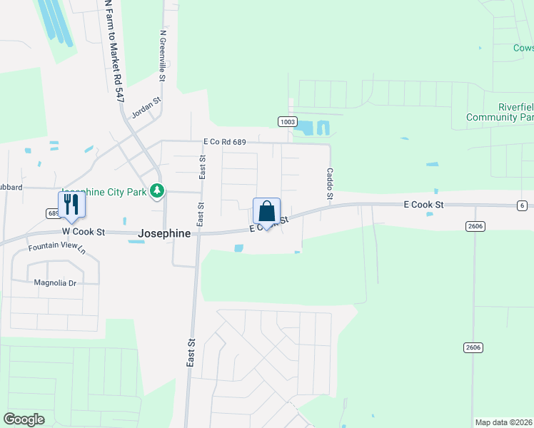 map of restaurants, bars, coffee shops, grocery stores, and more near 409 East Cook Street in Royse City