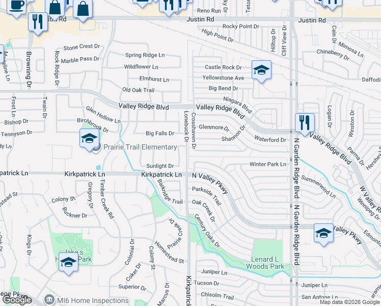 map of restaurants, bars, coffee shops, grocery stores, and more near 1685 Autumn Breeze Lane in Lewisville