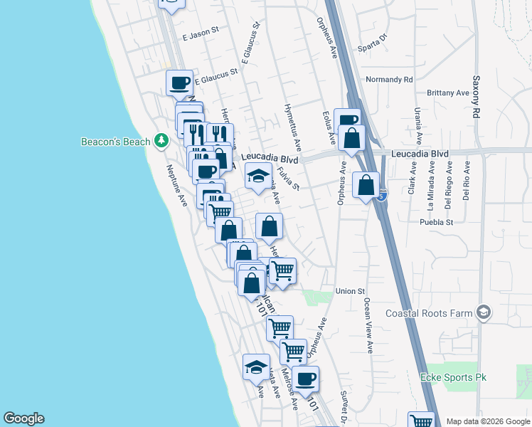 map of restaurants, bars, coffee shops, grocery stores, and more near 202 Calle De Sereno in Encinitas