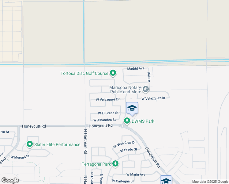map of restaurants, bars, coffee shops, grocery stores, and more near 36324 West Costa Blanca Drive in Maricopa