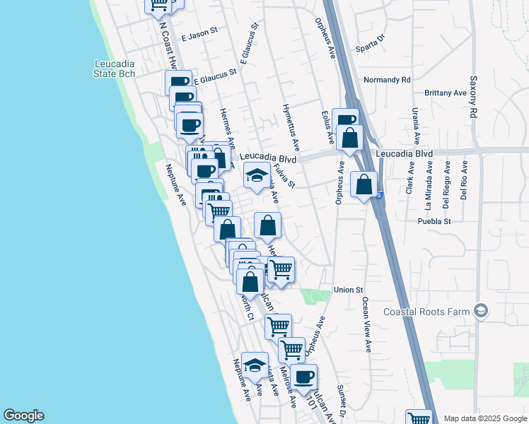 map of restaurants, bars, coffee shops, grocery stores, and more near 202 Calle De Sereno in Encinitas