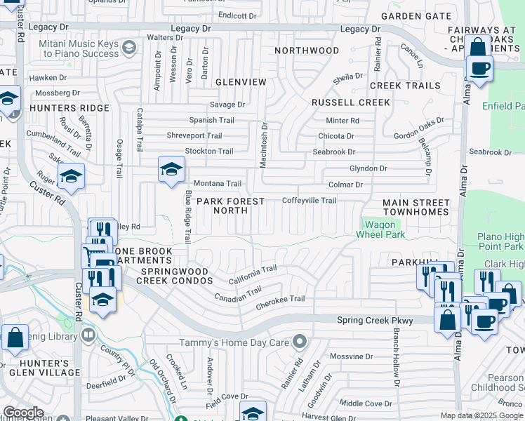 map of restaurants, bars, coffee shops, grocery stores, and more near 6512 Chalk Court in Plano