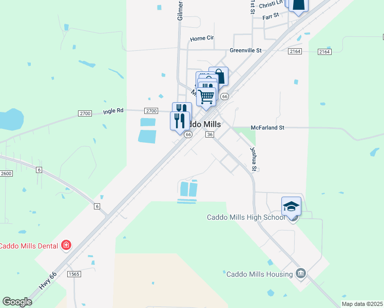 map of restaurants, bars, coffee shops, grocery stores, and more near 2127 Dixie Street in Caddo Mills