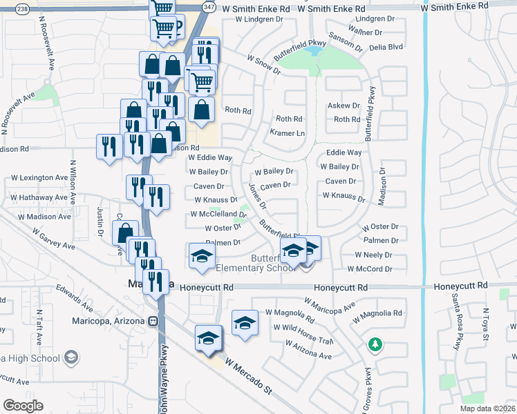 map of restaurants, bars, coffee shops, grocery stores, and more near 19993 Emmerson Drive in Maricopa