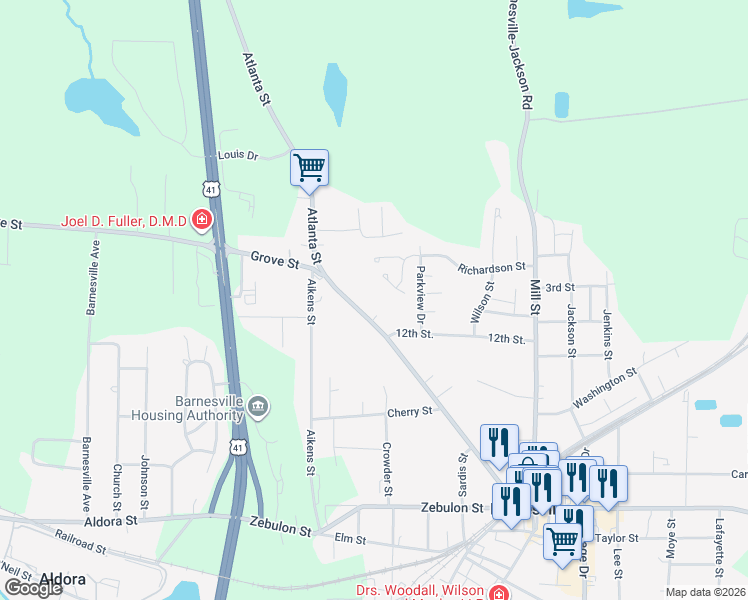 map of restaurants, bars, coffee shops, grocery stores, and more near 375 Atlanta Street in Barnesville