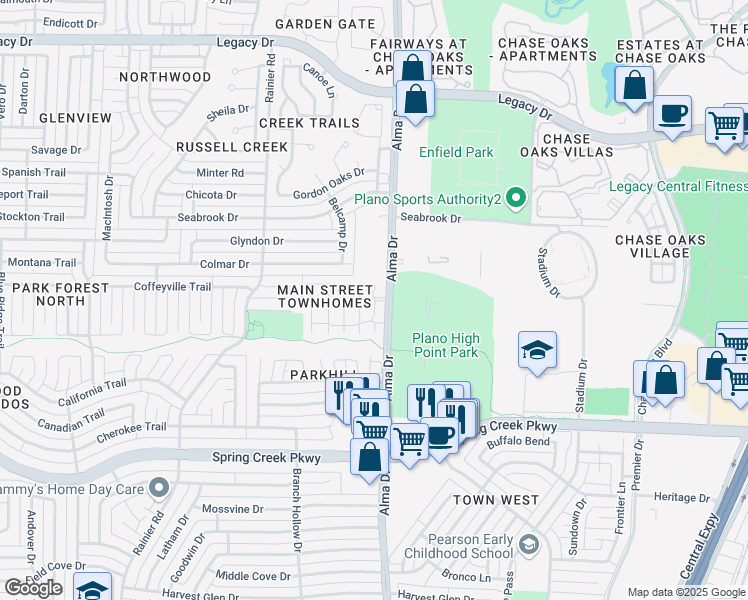 map of restaurants, bars, coffee shops, grocery stores, and more near 6500 Gold Lane in Plano