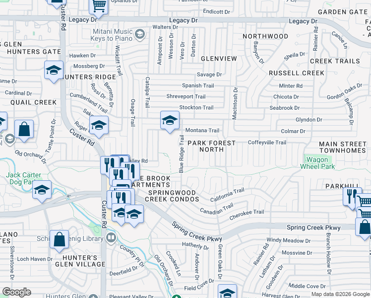 map of restaurants, bars, coffee shops, grocery stores, and more near 6513 Ember Court in Plano