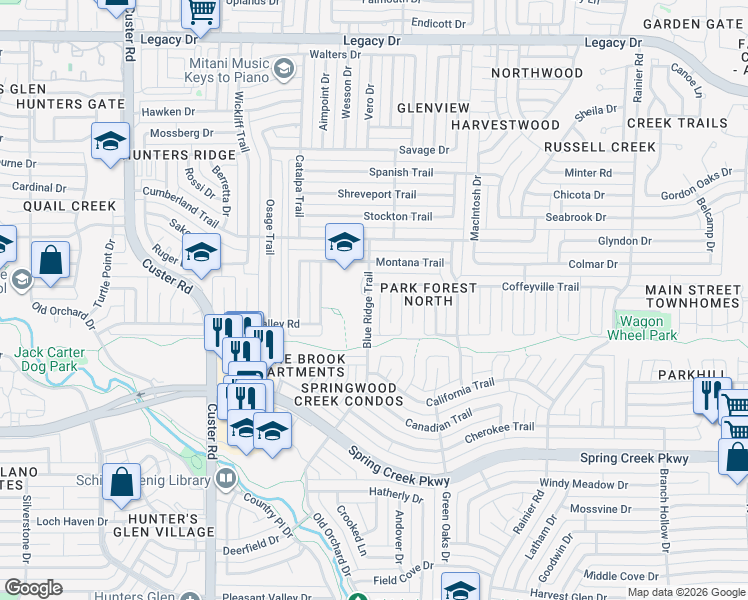 map of restaurants, bars, coffee shops, grocery stores, and more near 6513 Ember Court in Plano