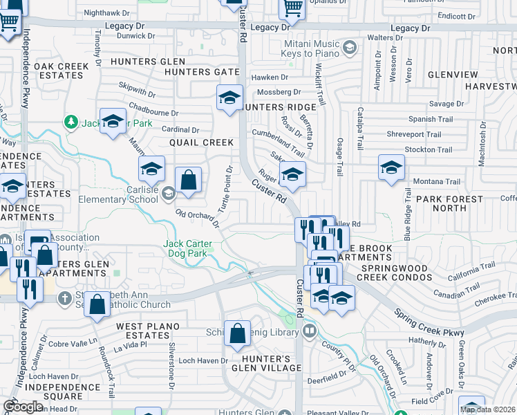 map of restaurants, bars, coffee shops, grocery stores, and more near 6500 Elkhurst Drive in Plano