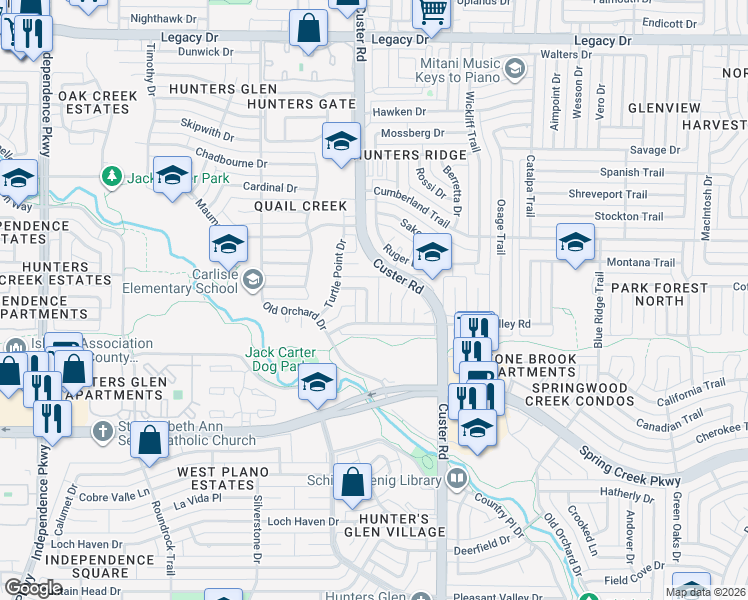 map of restaurants, bars, coffee shops, grocery stores, and more near 6500 Elkhurst Drive in Plano