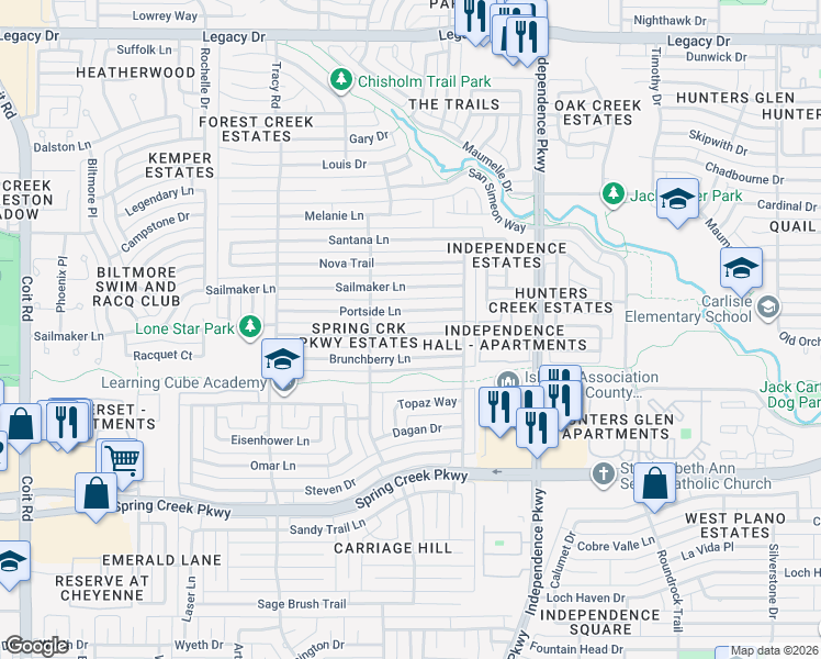 map of restaurants, bars, coffee shops, grocery stores, and more near 3241 Brunchberry Lane in Plano