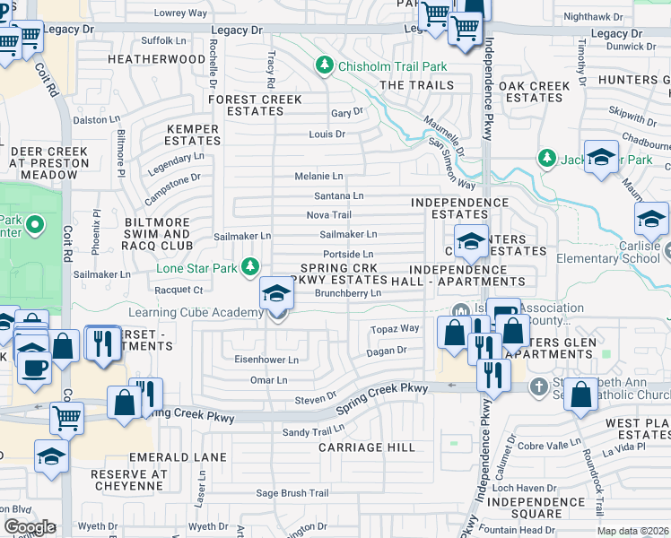 map of restaurants, bars, coffee shops, grocery stores, and more near 3305 Brunchberry Lane in Plano