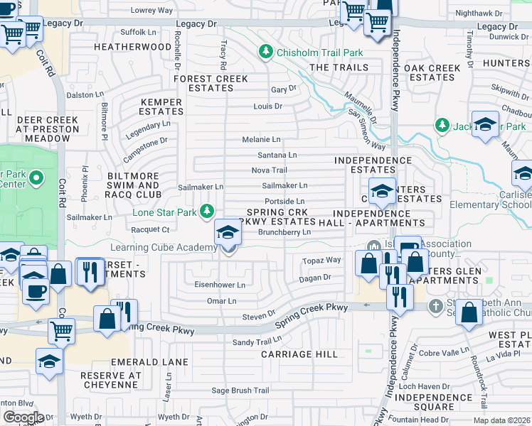 map of restaurants, bars, coffee shops, grocery stores, and more near 3305 Brunchberry Lane in Plano