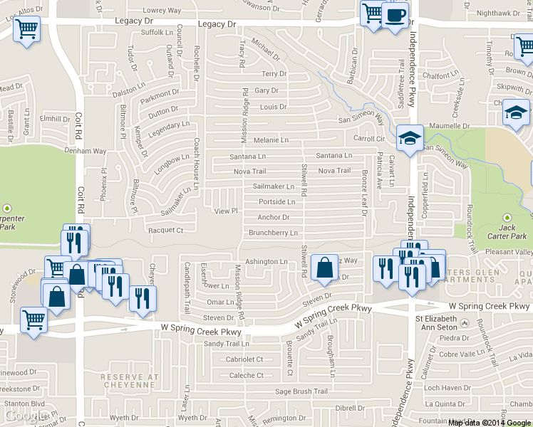 map of restaurants, bars, coffee shops, grocery stores, and more near 3400 Anchor Drive in Plano