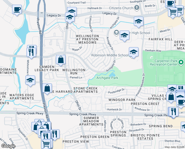 map of restaurants, bars, coffee shops, grocery stores, and more near 4616 Parnell Lane in Plano