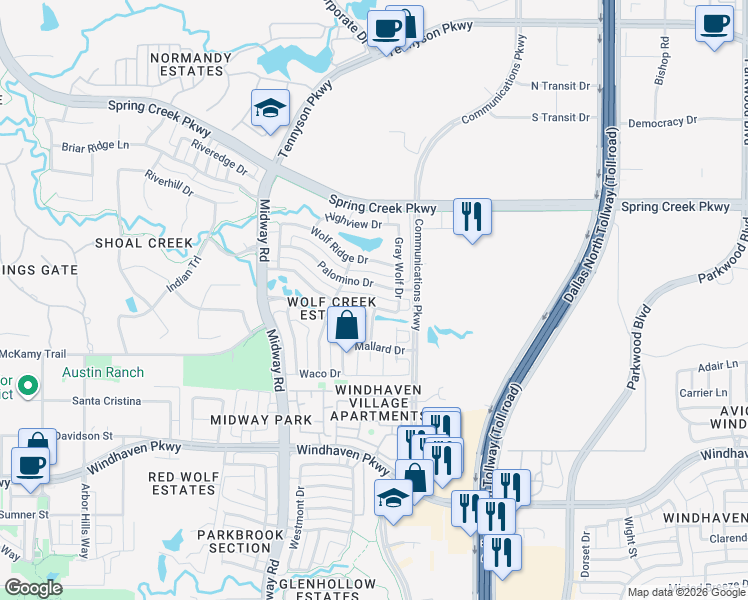 map of restaurants, bars, coffee shops, grocery stores, and more near 6417 Teal Court in Plano