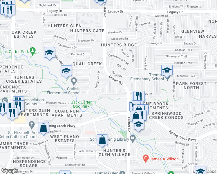 map of restaurants, bars, coffee shops, grocery stores, and more near 6500 Elkhurst Drive in Plano