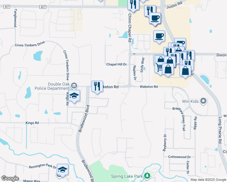map of restaurants, bars, coffee shops, grocery stores, and more near 3801 Fairfax Way in Flower Mound