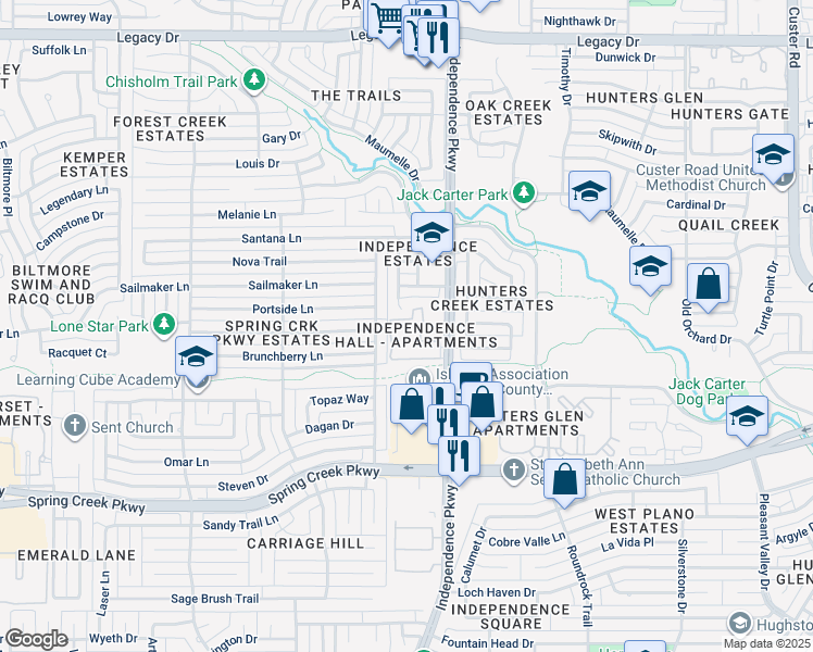 map of restaurants, bars, coffee shops, grocery stores, and more near 6501 Independence Parkway in Plano
