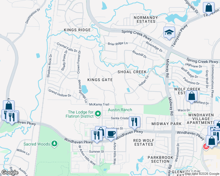 map of restaurants, bars, coffee shops, grocery stores, and more near 6413 Sudbury Road in Plano