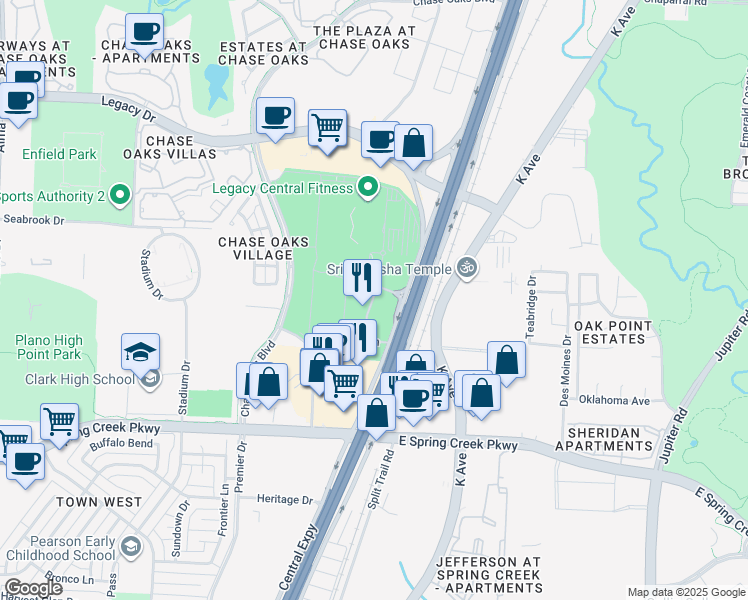 map of restaurants, bars, coffee shops, grocery stores, and more near 6217-6473 S Central Expy in Plano