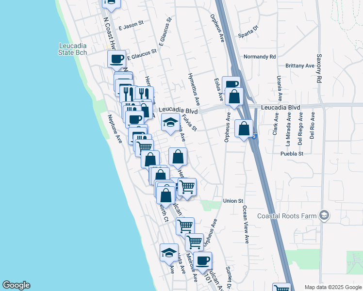 map of restaurants, bars, coffee shops, grocery stores, and more near 219 Calle De Sereno in Encinitas