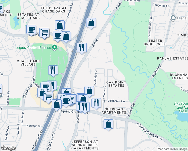 map of restaurants, bars, coffee shops, grocery stores, and more near 6417 Teabridge Drive in Plano
