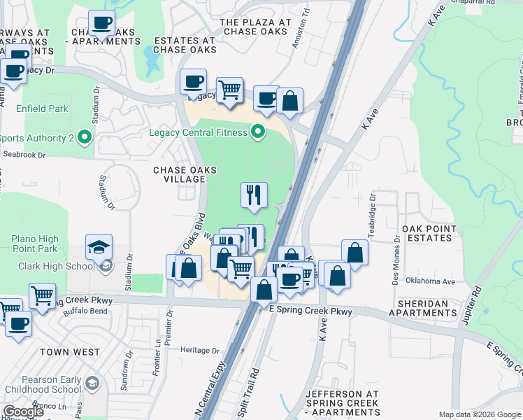 map of restaurants, bars, coffee shops, grocery stores, and more near 6217-6473 S Central Expy in Plano