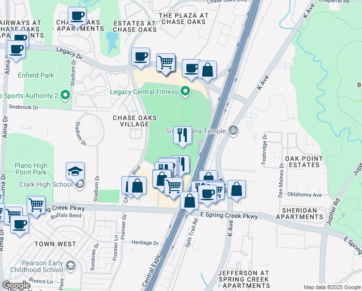 map of restaurants, bars, coffee shops, grocery stores, and more near 6501 Excellence Way in Plano