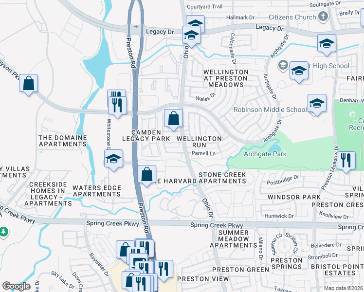 map of restaurants, bars, coffee shops, grocery stores, and more near 4700 Parnell Lane in Plano