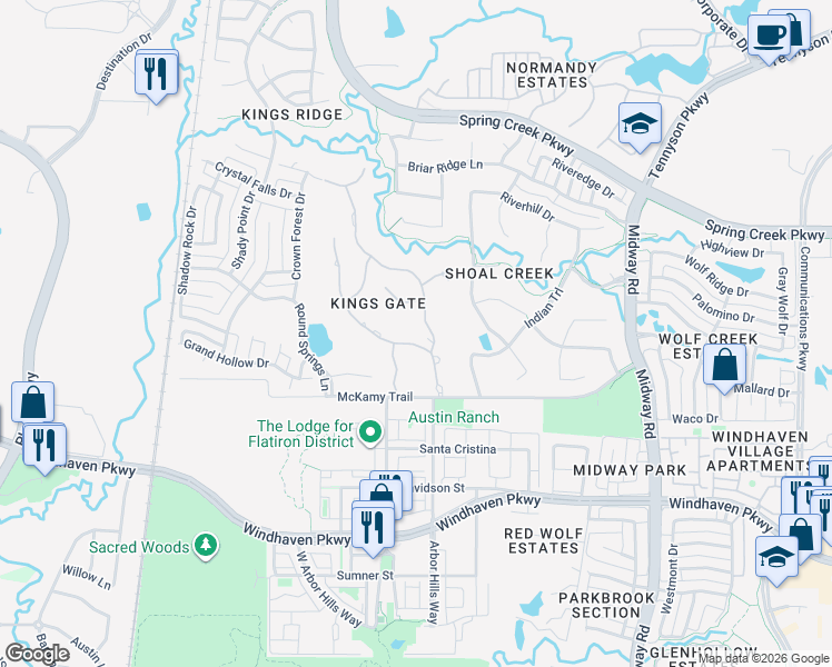 map of restaurants, bars, coffee shops, grocery stores, and more near 6413 Sudbury Road in Plano