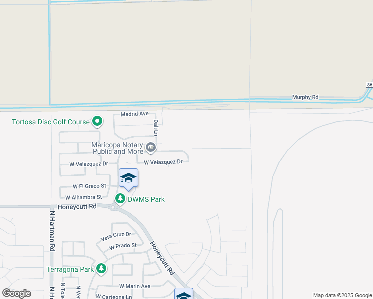 map of restaurants, bars, coffee shops, grocery stores, and more near 35664 West Velazquez Drive in Maricopa