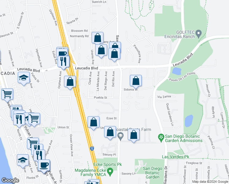 map of restaurants, bars, coffee shops, grocery stores, and more near 735 Del Rio Avenue in Encinitas