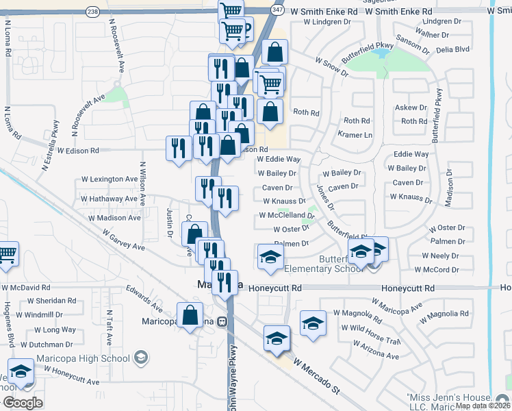 map of restaurants, bars, coffee shops, grocery stores, and more near 44457 Knauss Drive in Maricopa