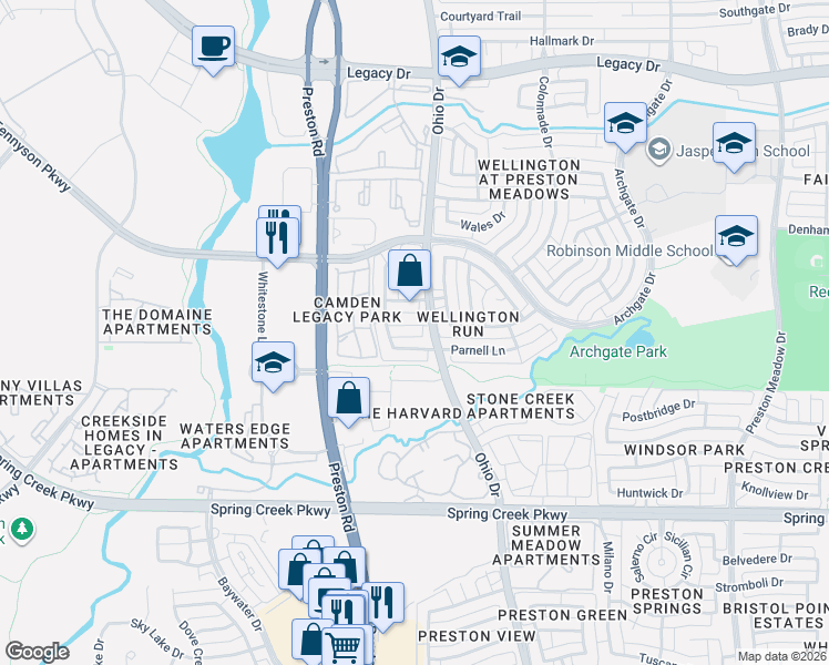 map of restaurants, bars, coffee shops, grocery stores, and more near 4700 Parnell Lane in Plano