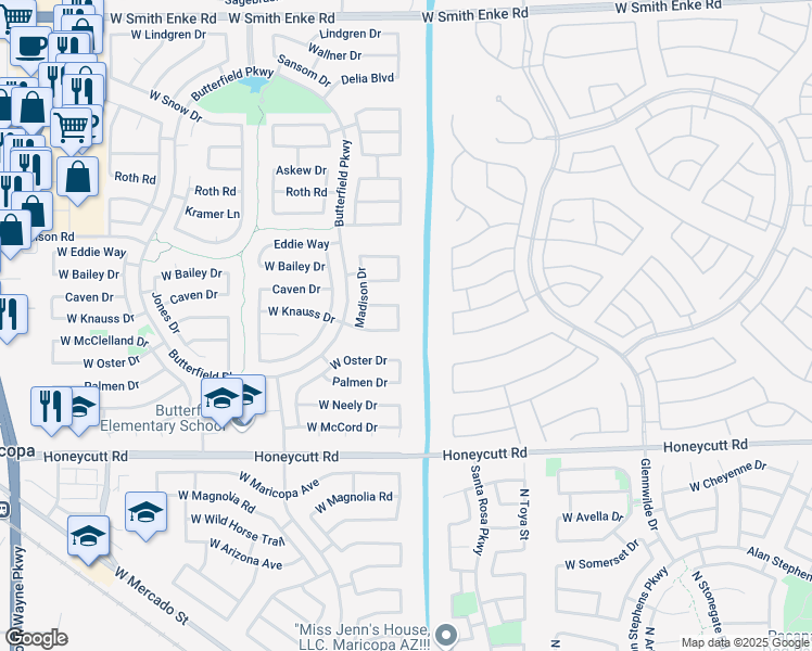 map of restaurants, bars, coffee shops, grocery stores, and more near 43198 Knauss Drive in Maricopa