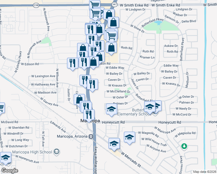 map of restaurants, bars, coffee shops, grocery stores, and more near 44453 Caven Drive in Maricopa