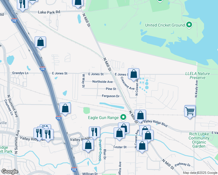 map of restaurants, bars, coffee shops, grocery stores, and more near 541 Pine Street in Lewisville