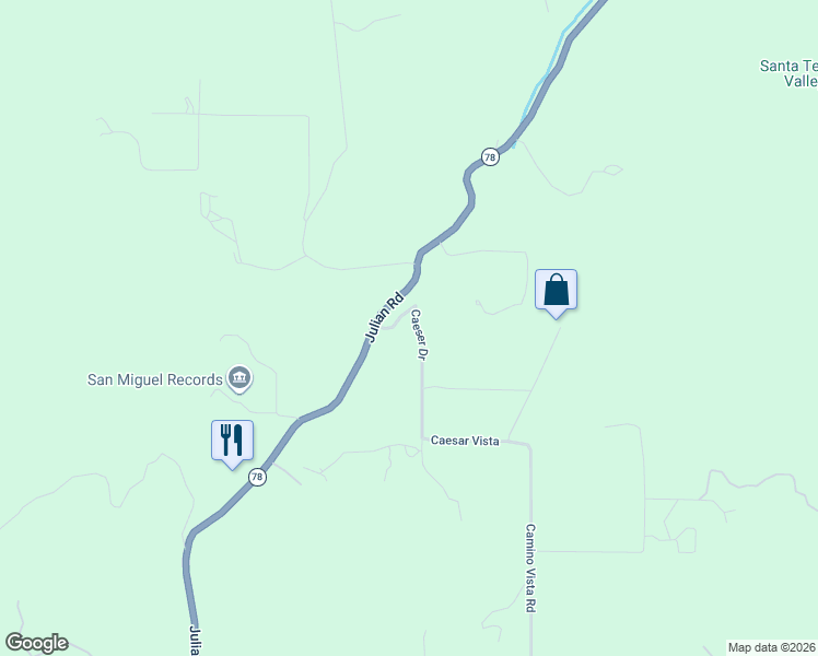 map of restaurants, bars, coffee shops, grocery stores, and more near 19075 Caesar Drive in Ramona