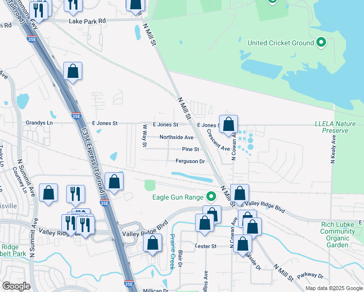map of restaurants, bars, coffee shops, grocery stores, and more near 574 Northside Avenue in Lewisville