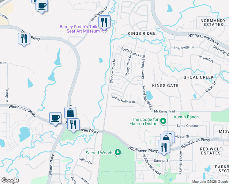 map of restaurants, bars, coffee shops, grocery stores, and more near 7113 Falling Water Lane in Plano