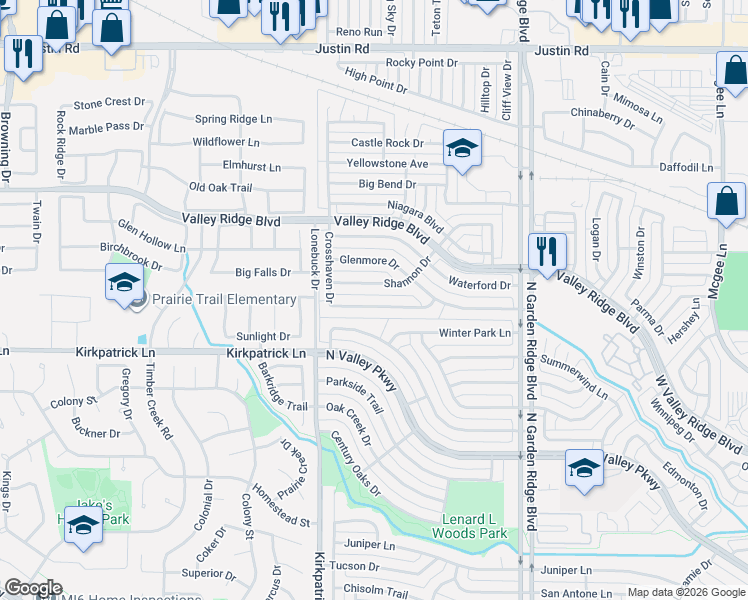 map of restaurants, bars, coffee shops, grocery stores, and more near 1662 Shannon Drive in Lewisville