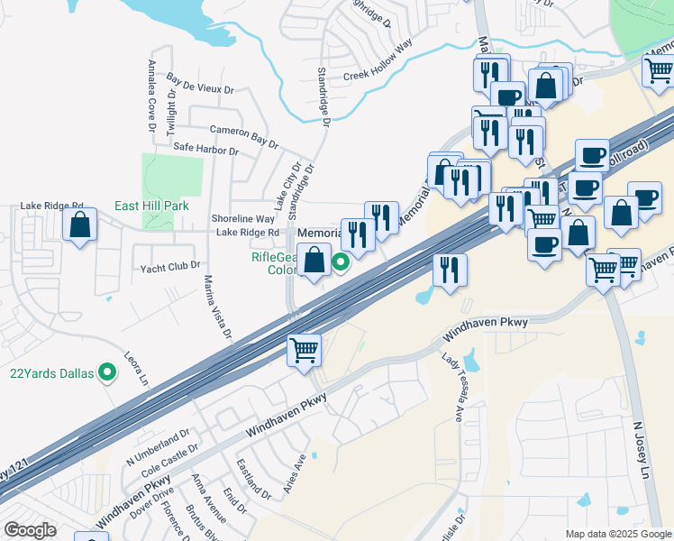 map of restaurants, bars, coffee shops, grocery stores, and more near 4001 Texas 121 in The Colony