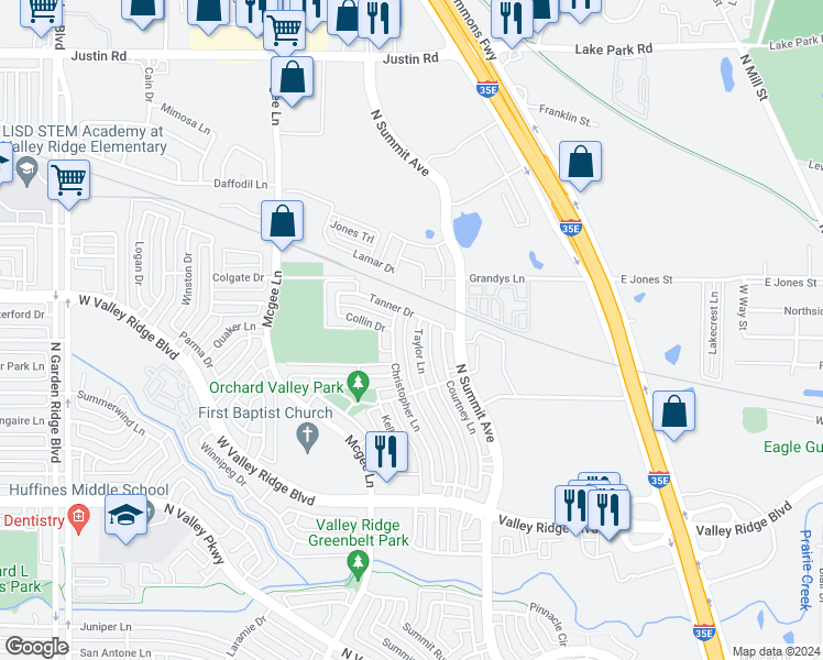 map of restaurants, bars, coffee shops, grocery stores, and more near 1248 Taylor Lane in Lewisville