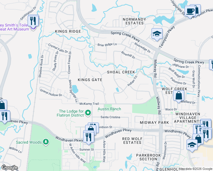 map of restaurants, bars, coffee shops, grocery stores, and more near 6521 Riverside Drive in Plano