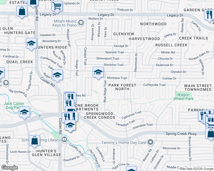 map of restaurants, bars, coffee shops, grocery stores, and more near 1709 Mesquite Trail in Plano