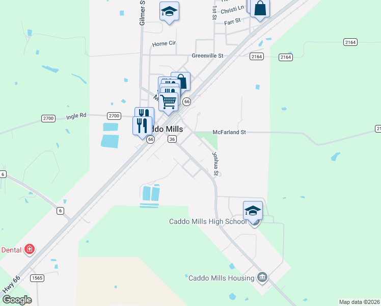 map of restaurants, bars, coffee shops, grocery stores, and more near 2108 Gilmer Street in Caddo Mills