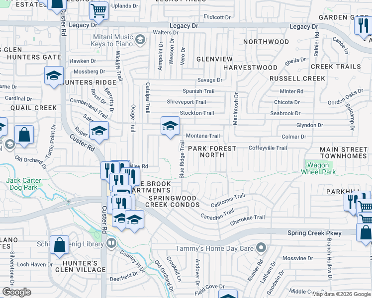 map of restaurants, bars, coffee shops, grocery stores, and more near 1709 Mesquite Trail in Plano