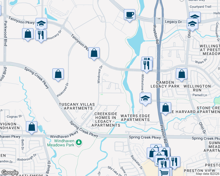 map of restaurants, bars, coffee shops, grocery stores, and more near 6400 Windcrest Drive in Plano